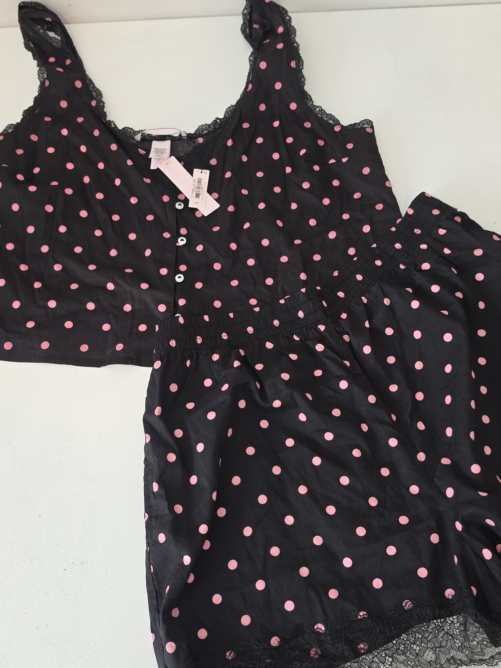 Victoria's Secret Black and Pink Polka Dot Lace-Trim Sleep Set